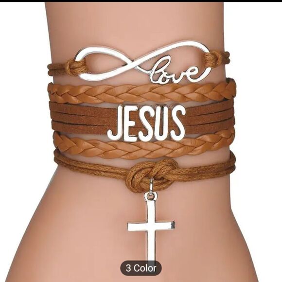 Women's bracelet leather cross Jesus braided brown new d59 - Picture 1 of 2